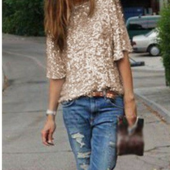 gold sequin off the shoulder top